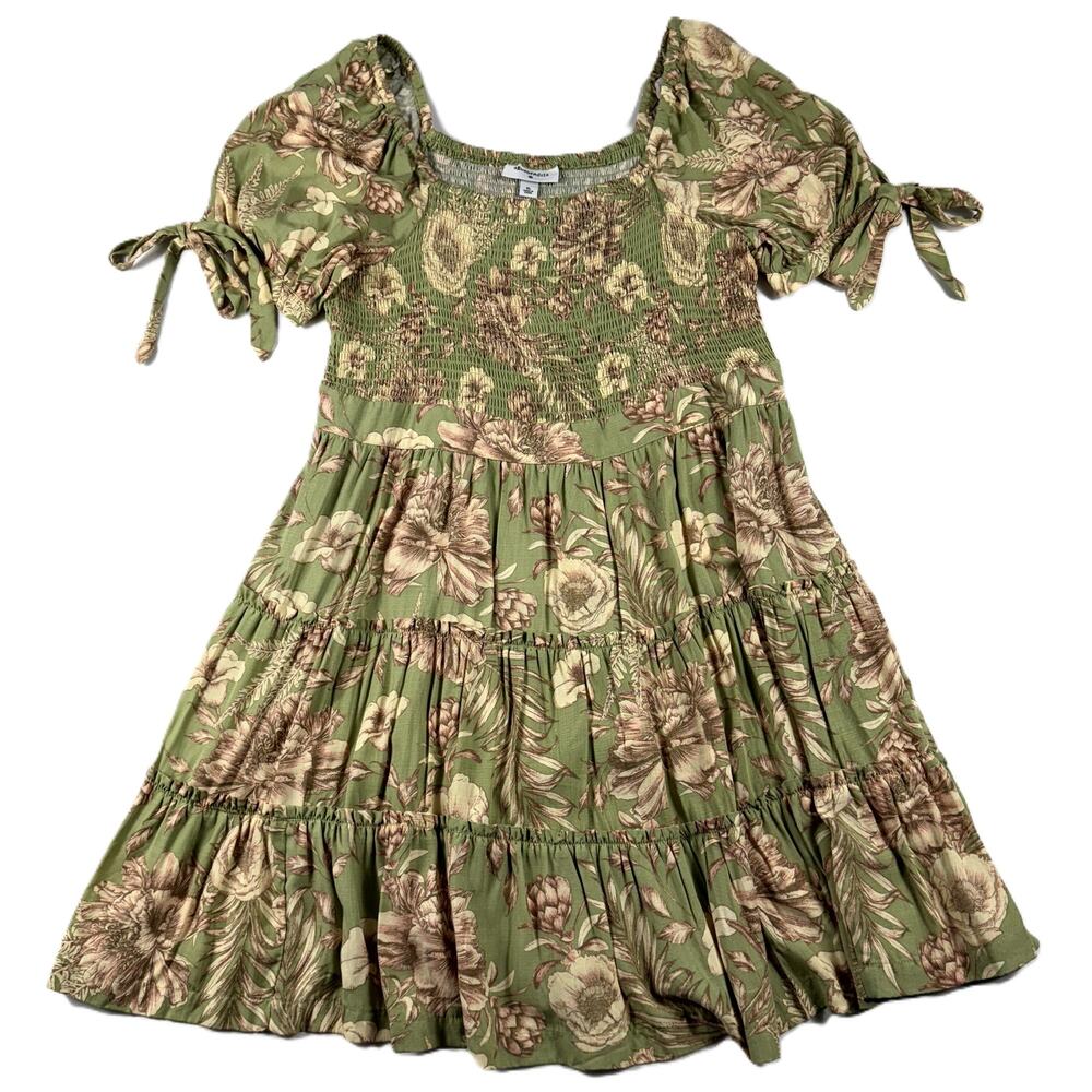 Agua Bendita Womens Scoop Neck Puff Sleeves Tiered Mini Dress Green Floral XL